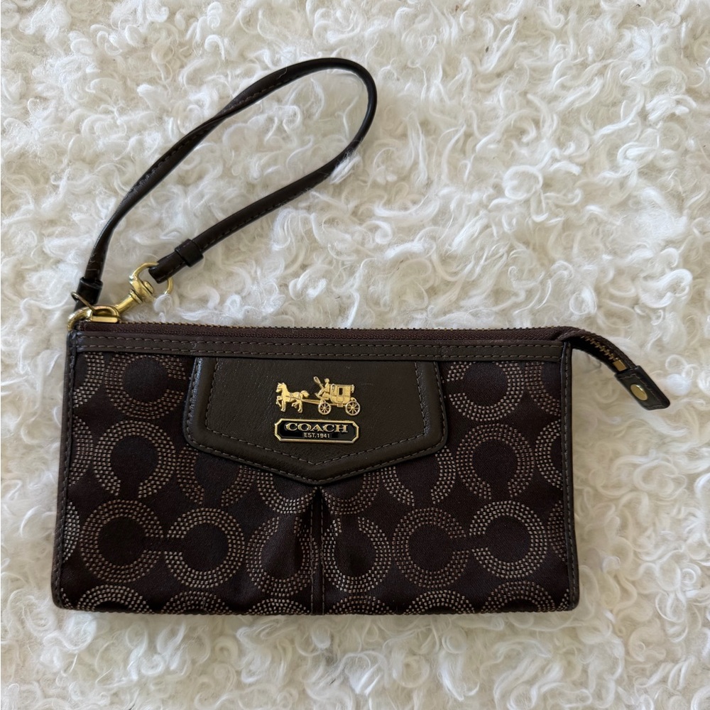 Coach Dark Brown Wristlet with Gold Accents